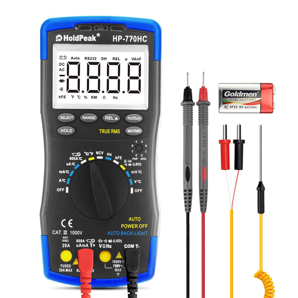 2. Multímetro Digital HoldPeak HP-770HC, valores eficaces verdaderos, rango automático con función NCV y prueba de temperatura/frecuencia/ciclo de trabajo