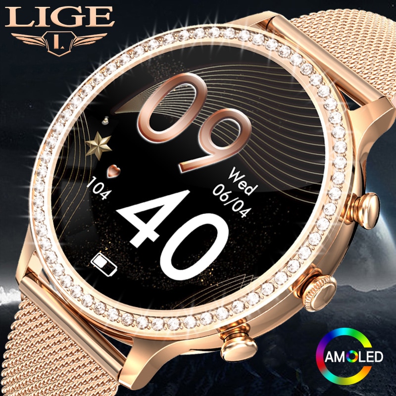3. Reloj inteligente AMOLED para mujer, accesorio de pulsera resistente al agua con llamadas, Bluetooth, Monitor de presión arterial y oxígeno, incluye regalo