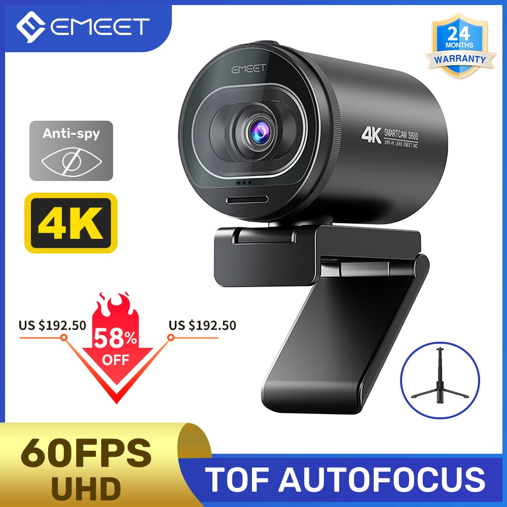 1. Cámara Web 4K 1080P 60FPS, Webcam con autoenfoque, transmisión en vivo, S600 EMEET, con micrófonos y cubierta de privacidad para Tiktok/YouTube